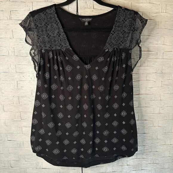 Lucky Brand black bohemian top, flutter sleeves, white dots, v-neck, hippie - Picture 1 of 9